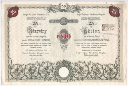 Budapest 1935. 'Salgó-Tarjáni Kőszénbánya Részvény-Társulat' huszonöt részvénye egyben összesen 750P-ről, magyar-német kétnyelvű részvény, szelvényekkel, szárazpecséttel és bélyegzésekkel (5x) T:III