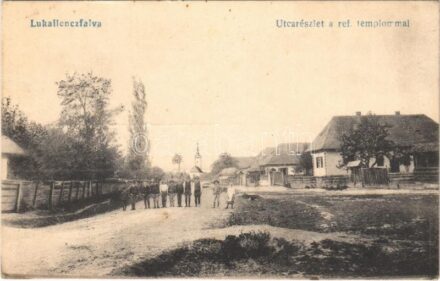 Lukafalva, Lukailenczfalva, Dózsa György, Gheorghe Doja, Lucafalau; utca, Református templom. Lukafalva és Vidéke fogyasztási szövetkezet kiadása / street view, Calvinist church (fl)