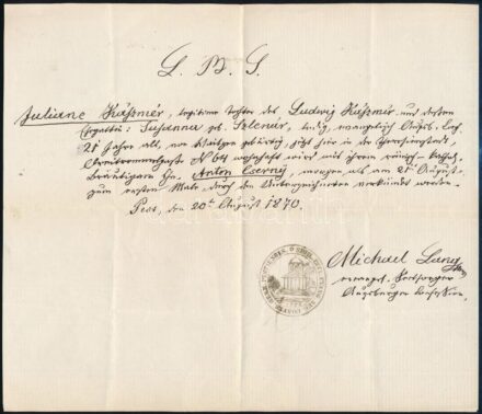 1870-1885 3 db pesti és budapesti egyházi irat, viaszpecséttel