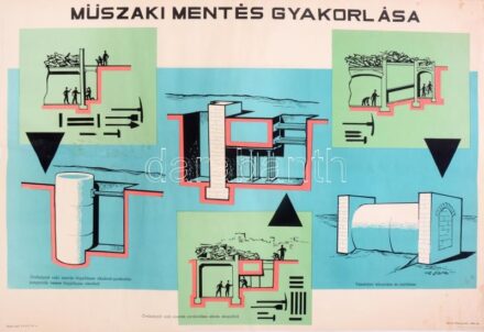 cca 1950 Műszaki mentés gyakorlása, propaganda plakát, Bp., Belügyminisztérium Polgári Védelem Országos Parancsnoksága Kiképzési Osztálya (BM PVOP Kik. O.), Offset (6000 példány), kissé foltos, 56x82 cm