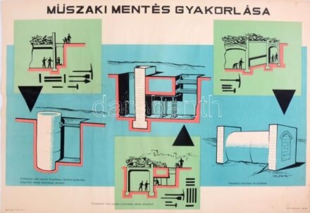 cca 1950 Műszaki mentés gyakorlása, propaganda plakát, Bp., Belügyminisztérium Polgári Védelem Országos Parancsnoksága Kiképzési Osztálya (BM PVOP Kik. O.), Offset (6000 példány), kissé foltos, 56x82 cm