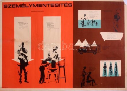 cca 1950 Személymentesítés, propaganda plakát, Bp., Belügyminisztérium Polgári Védelem Országos Parancsnoksága Kiképzési Osztálya (BM PVOP Kik. O.), Offset (6000 példány), foltos, szakadt, sérült, az egyik sarkán hiánnyal, 56x82
