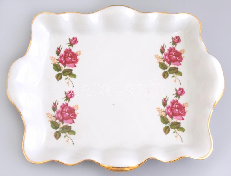 Süteményes porcelán tál virág dekorral, matricás, jelzett, mázhibákkal, 26,5x21,5 cm