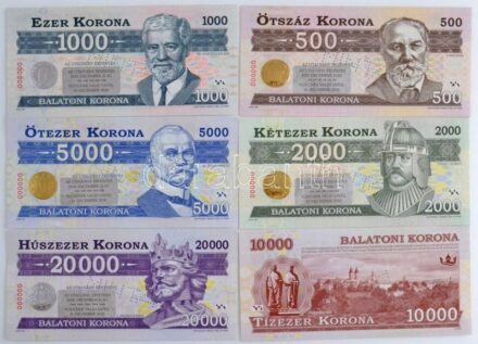 2012. 500 Balatoni Korona + 1000 Balatoni Korona + 2000 Balatoni Korona + 5000 Balatoni Korona + 10.000 Balatoni Korona + 20.000 Balatoni Korona mind azonos '000000' sorszámmal, MINTA perforációval és 'AZ UTALVÁNY ÉRVÉNYES 2020. DECEMBER
