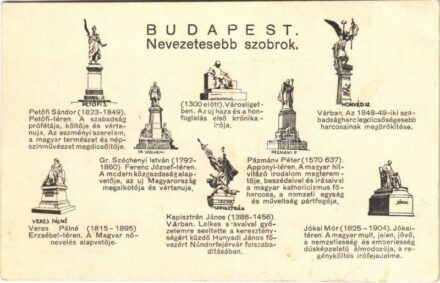 Budapest, Nevezetesebb szobrok. Szövegek kivonat Mikulich Károly főgimnáziumi tanár és ifj. Pataki Mihály 'Ismerjük meg Budapestet' c. könyvéből (fl)