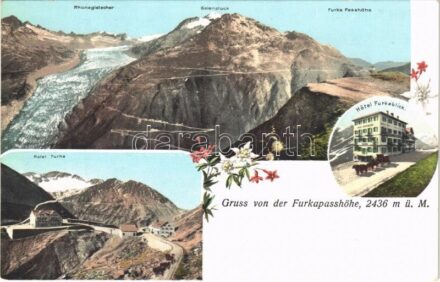 Furkapasshöhe, Hotel Furka und Furkablick, Rhonegletscher, Galenstock, Furka Passhöhe. Art Nouveau, floral