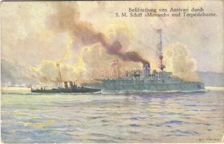 Beschießung von Antivari durch SM Schiff Monarch und Torpedoboote / SMS Monarch az Osztrák-Magyar Haditengerészet Monarch-osztályú partvédő csatahajója és egy torpedóromboló lövi Bar-t (Antivari) / WWI Austro-Hungarian Navy K.u.K.