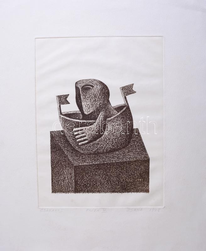 Zsakó István (1954-): Csónakos, 1998. Rézkarc, merített papír, jelzett. Próbanyomat 'próba IV.' jelzéssel. 29×21 cm