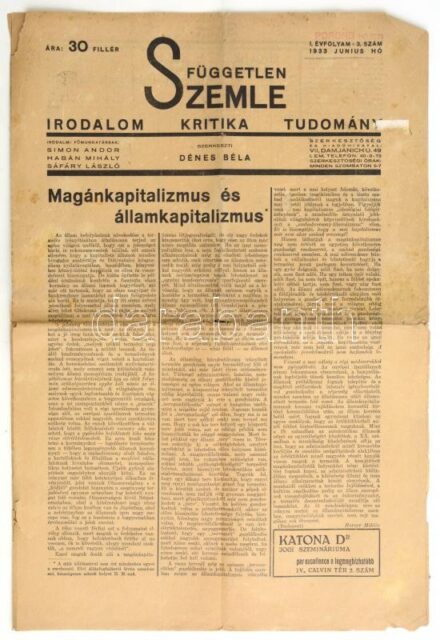 1933 A Független Szemle c. irodalmi, kritikai, tudományos lap 9. száma