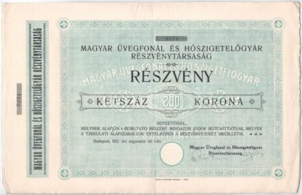 Budapest 1912. 'Magyar Üvegfonál és Hőszigetelőgyár Részvénytársaság' részvénye 200K-ról szelvényekkel, szárazpecséttel T:II / Hungary / Budapest 1912. 'Magyar Üvegfonál és Hőszigetelőgyár Részvénytársaság' share about 200
