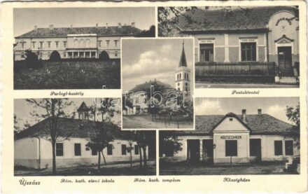 1941 Újszász, postahivatal, községháza, római katolikus elemi iskola és templom, Parlagi kastély (fl)