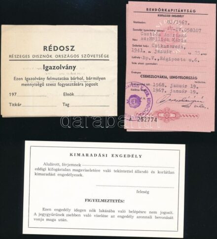 1967 3 db igazolvány: kiutazási engedély, RÉDOSz humoros igazolvány