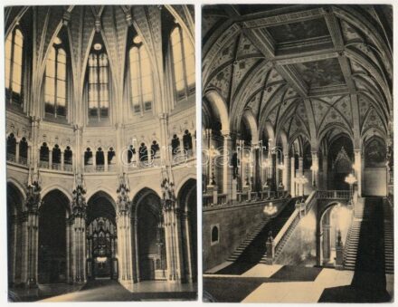 Budapest V. Országház, Parlament; Kupolacsarnok, Kongresszusi ülésterem, Főlépcsőház, Tanácsterem - 4 db MODERN képeslap (Képzőművészeti Alap Kiadóvállalat)