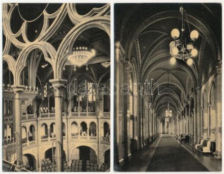 Budapest V. Országház, Parlament; Kongresszusi terem folyosója, Képviselőház ülésterme, Társalgó, Ebédlőterem - 4 db MODERN képeslap (Képzőművészeti Alap Kiadóvállalat)