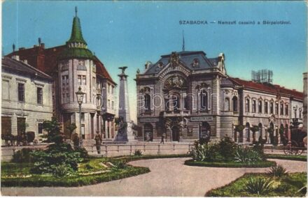 1916 Szabadka, Subotica; Nemzeti kaszinó a bérpalotával, Szabadkai Önsegélyző Szövetkezet, honvéd emlékmű. Lipschitz kiadása / casino, palace, cooperative, military monument (EK)