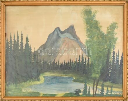 Jelzés nélkül: Hegyvidéki táj. Akvarell, papír. Üvegezett, sarkaiban kissé sérült fa keretben. 39x49 cm