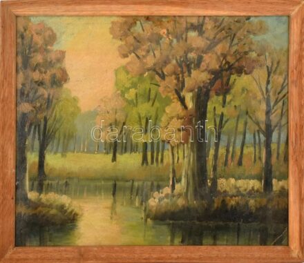 Pordác (?) jelzéssel: Őszi erdő. Olaj, karton. Jobb alsó sarka kissé sérült. Fa keretben. 52,5x65 cm
