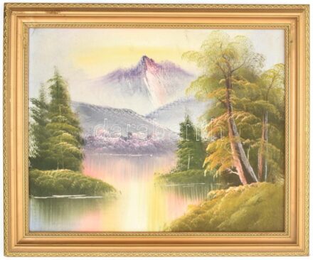 Jelzés nélkül: Hegyvidéki tó. Olaj, vászon. Dekoratív fa keretben. 41x52 cm