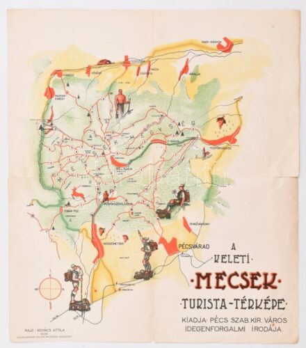1939 A Keleti Mecsek turista térképe. Rajz: Kovács Attila. Pécs, 1939, Pécs Szab. Kir. Város idegenforgalmi irodája. Klösz György és fia műintézet, Bp. 34x30,5 cm beszakadással