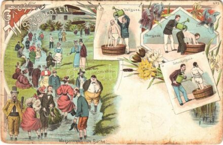 Bad Wörishofen, Gruss aus... Vollguss, Oberguss, Schenkelguss, Wassertreten im Bache / spa treatments. Art Nouveau, floral, litho (fa)