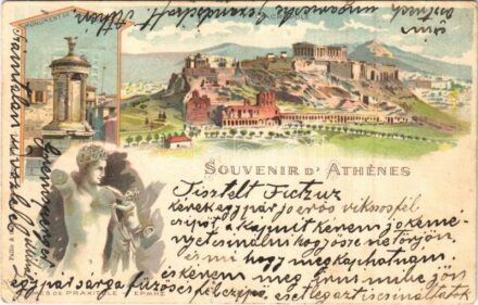 1901 Athína, Athens, Athenes; Acropole, Monument de Lysicrate, Hermes de Praxitele / Acropolis, Monument of Lysicrates. Art Nouveau, litho (tear)
