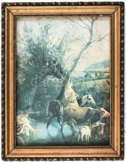 Dekoratív, kissé sérült fa képkeret nyomattal. 31,5x23 cm