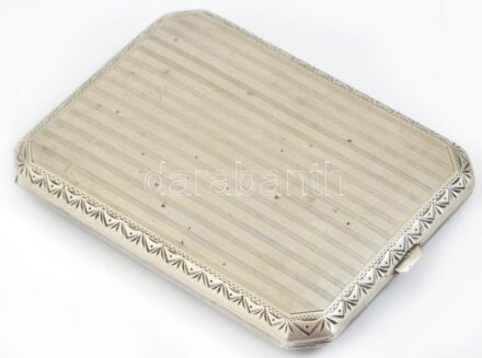 Ezüst cigarettatárca zománcozott berakással, monogrammal, jelzett, kopásokkal, 150g