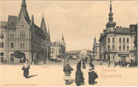 Kolozsvár, Cluj, Klausenburg; vashíd, utca, gyógyszertár, Phönix, Wertheimer Vilmos üzlete / bridge, street, pharmacy, shops