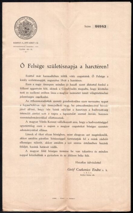 1916 Ő felsége születésnapja a harctéren. Ferenc József születésnapjára szóló adománygyűjtés a katonáknak, gyűjtőív. 4p. + boríték