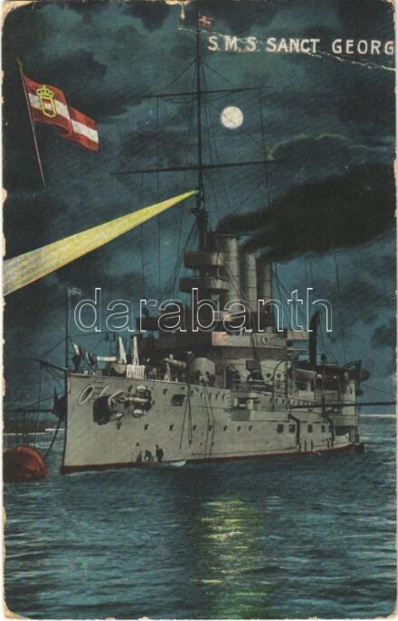 1916 SMS Sankt Georg osztrák-magyar páncélos cirkáló este / K.u.K. Kriegsmarine Panzerkreuzer / WWI Austro-Hungarian Navy, SMS Sankt Georg armored cruiser at night, naval flag. G. Fano, Pola 1910. No. 17. (szakadás / tear)