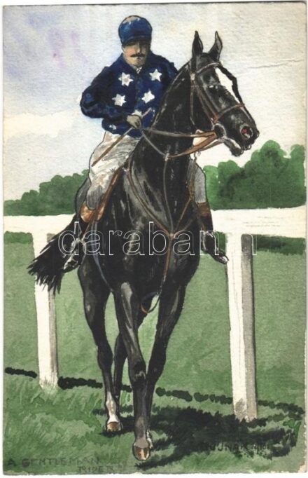 1910 A Gentleman Rider / Lovassport. Kézzel rajzolt művészlap / Equestrian sport, horse racer. Hand-painted art postcard s: Bujnák (non PC) (EK)