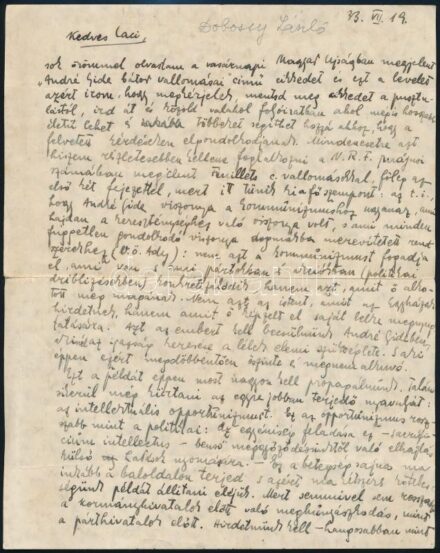 Dobossy László (1910-1999) irodalomtörténész, szótáríró.autográf, személyes hangú levele Vass László (1905-1950) újságíró, kritikusnak irodalmi kérdésben, egy Vass által megjelentetett cikkre reagálva.