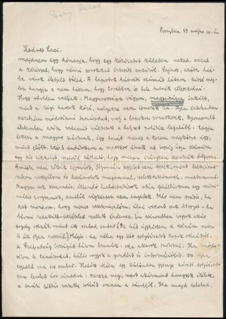 Peéry Rezső (1910-1977) író, publicista autográf levele Vass László (1905-1950) újságíró, kritikusnak a kisebbségi lét nehézségéről elmélkedve 2 beírt oldalon