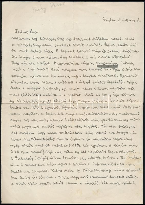 Peéry Rezső (1910-1977) író, publicista autográf levele Vass László (1905-1950) újságíró, kritikusnak a kisebbségi lét nehézségéről elmélkedve 2 beírt oldalon