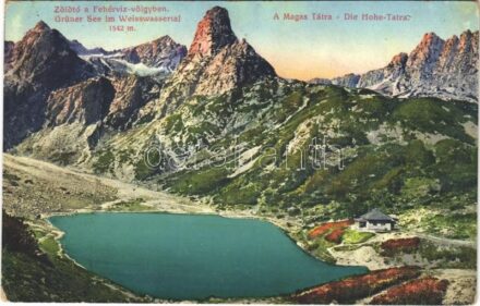 Tátra, Magas-Tátra, Vysoké Tatry; Zöld-tó a Fehérvíz-völgyben / Grüner See im Weisswassertal 1542 m / lake, valley, chalet (EK)