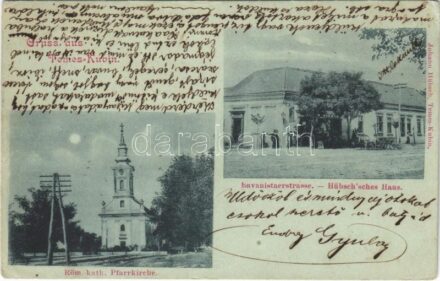 1901 Kevevára, Temeskubin, Kovin; Római katolikus plébánia templom, Bavaniste utca, Johann Hübsch üzlete és saját kiadása, este / Bavanistaerstrasse / church, street, shop, night (EK)