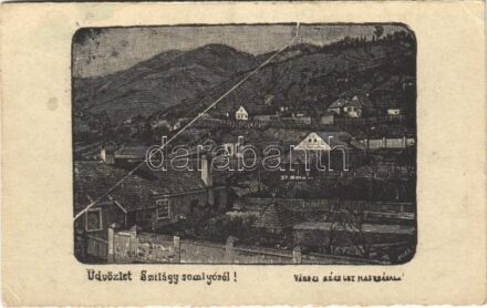 Szilágysomlyó, Simleu Silvaniei; Városi részlet a Magurával / general view, art postcard s: Mike + '1940 Szilágysomlyó visszatért' So. Stpl. (EK)