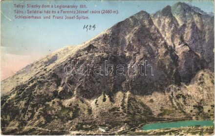 1929 Tátra, Magas-Tátra, Vysoké Tatry; Sliezky dom a Legionarsky stít / Sziléziai-ház és a Ferenc József-csúcs. Földes Samu kiadása 215. sz. / Schlesierhaus und Franz Josef-Spitze / tourist house, mountain peak (gyűrődés / crease)
