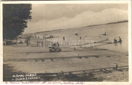 1932 Budapest III. Római fürdő, Rómaifürdő; Duna strand, napozó tutaj, csónakszállító sínpárok. photo