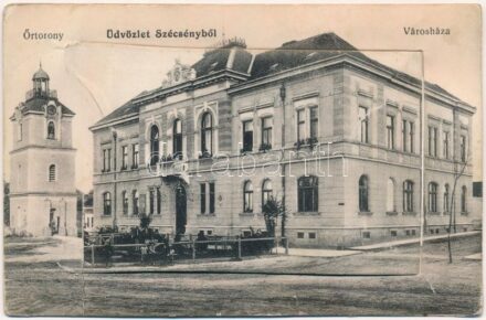 Szécsény, városháza, őrtorony. Leporellolap belül gyógyszertár, automobil, kastély, Dr. Haynald Lajos v. érsek szülőháza, Újvilág kávéház, takarékpénztár, Glattstein Adolf kiadása