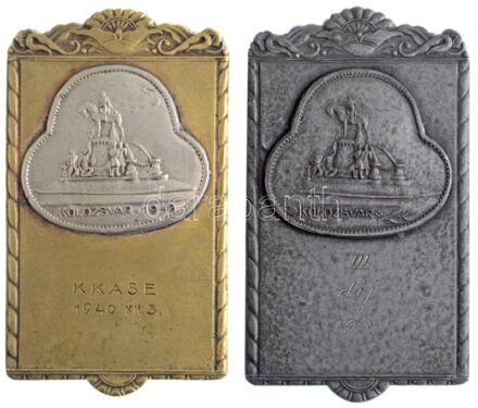 1940. 'Kolozsvár 1940 - KKASE 1940. XII. 3.' Br díjplakett ezüstözött lemezrátéttel (85x49mm) + 1943. 'Kolozsvár - III. díj 1943' fém díjplakett (87x49mm) T:2-
