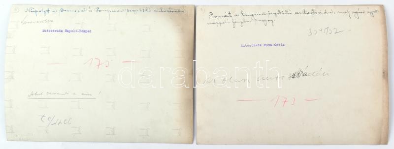 cca 1920-1940 Rómát és Ostiát, Nápolyt és Pompeit összekötő autósztráda fotói, 2 db, a hátoldalakon feliratozva, az egyik szélén törésnyommal, 23x17 cmx2 - Image 2