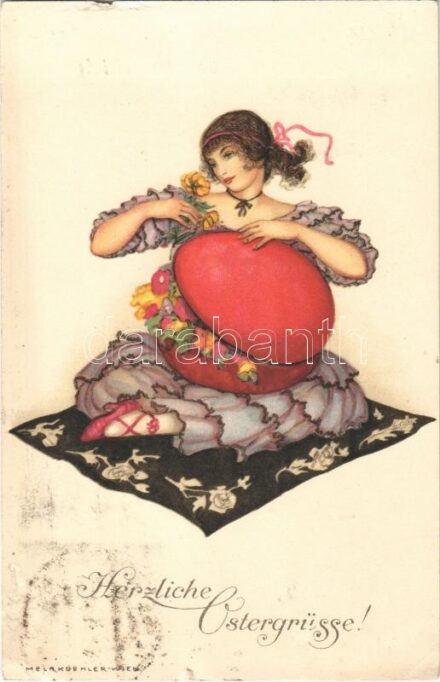 1916 Herzliche Ostergrüsse! / Lady art postcard with Easter greetings. M. Munk Wien Nr. 1052. s: Mela Koehler (szakadás / tear)