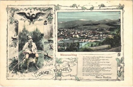 1913 Mürzzuschlag, Unser Kaiser Franz Josef / Franz Joseph with guns during hunting. Art Nouveau, floral