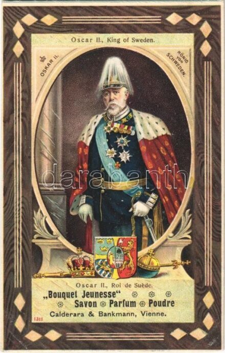 Oscar II, King of Sweden. 'Bouquet Jeunesse Savon, Parfum, Poudre' Calderara & Bankmann, Vienne. Art Nouveau, litho