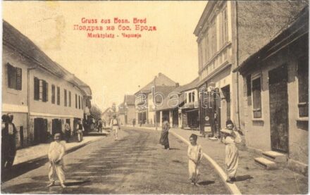 Brod, Bosanski Brod; Marktplatz / market square, street view, shop of Simon Deutsch. W. L. Bp. 2989. Verlag Vuko Jovanovic's Nachfolger (r)