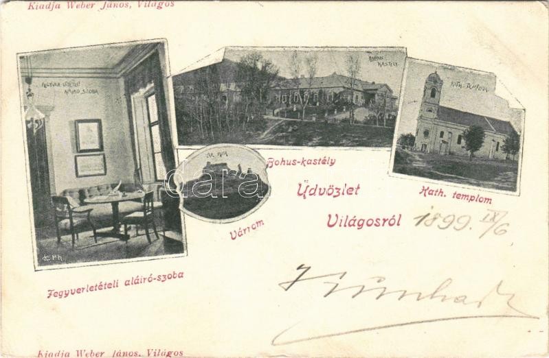 1899 Világos, Siria; Bohus kastély, Római katolikus templom, Fegyverletételi aláíró-szoba, várrom. Weber János kiadása / castle, Catholic church, armistice signing room, castle ruins (EK)