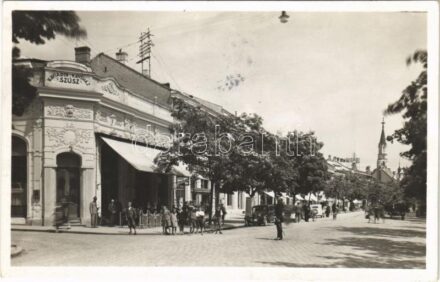 Losonc, Lucenec; utca, Szüsz Kávéház, üzlet / street, cafe, shops + '1938 LOSONC VISSZATÉRT' So. Stpl