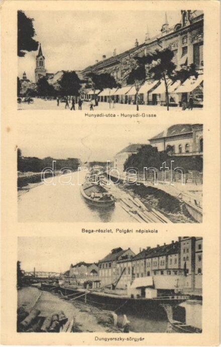 Nagybecskerek, Zrenjanin, Veliki Beckerek; Dungyerszky sörgyár, Bega részlet, polgári népiskola, halászbárka, uszály, Hunyadi utca, Temetkezési intézet, Benő testvérek üzlete / brewery, barges, fishing boats, riveside, school, street,