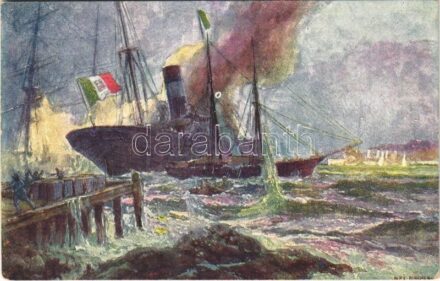 Beschiessung von Durazzo durch österr.-ung. Kreuzgeschwader. K.u.K. Kriegsmarine. Offizielle Karte für Rotes Kreuz. Kriegsfürsorgeamt Kriegshilfsbüro Nr. 560. / WWI The bombardment of Durres by a cruiser squadron of the Austro-Hungarian Navy.